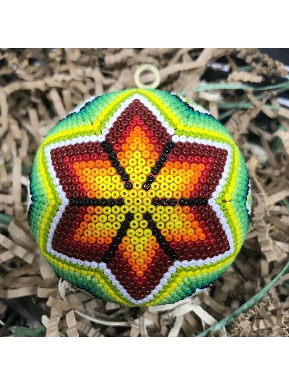 Mexican Huichol Hand Beaded Flower Christmas Spher